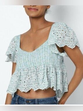 American Eagle Outfitters Light Blue Eyelet Lace Peplum Crop Top